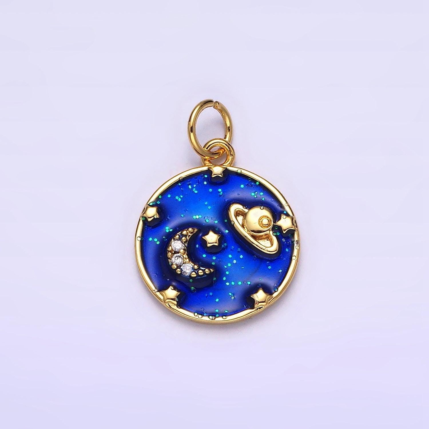 14k gold filled blue, multicolor cotton candy pink enamel galaxy celestial planet stars round charm | ac1412 ac1413
