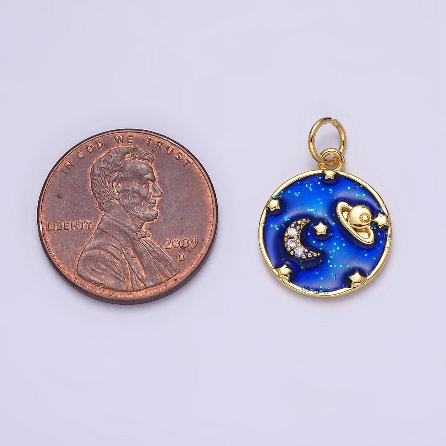 14k gold filled blue, multicolor cotton candy pink enamel galaxy celestial planet stars round charm | ac1412 ac1413