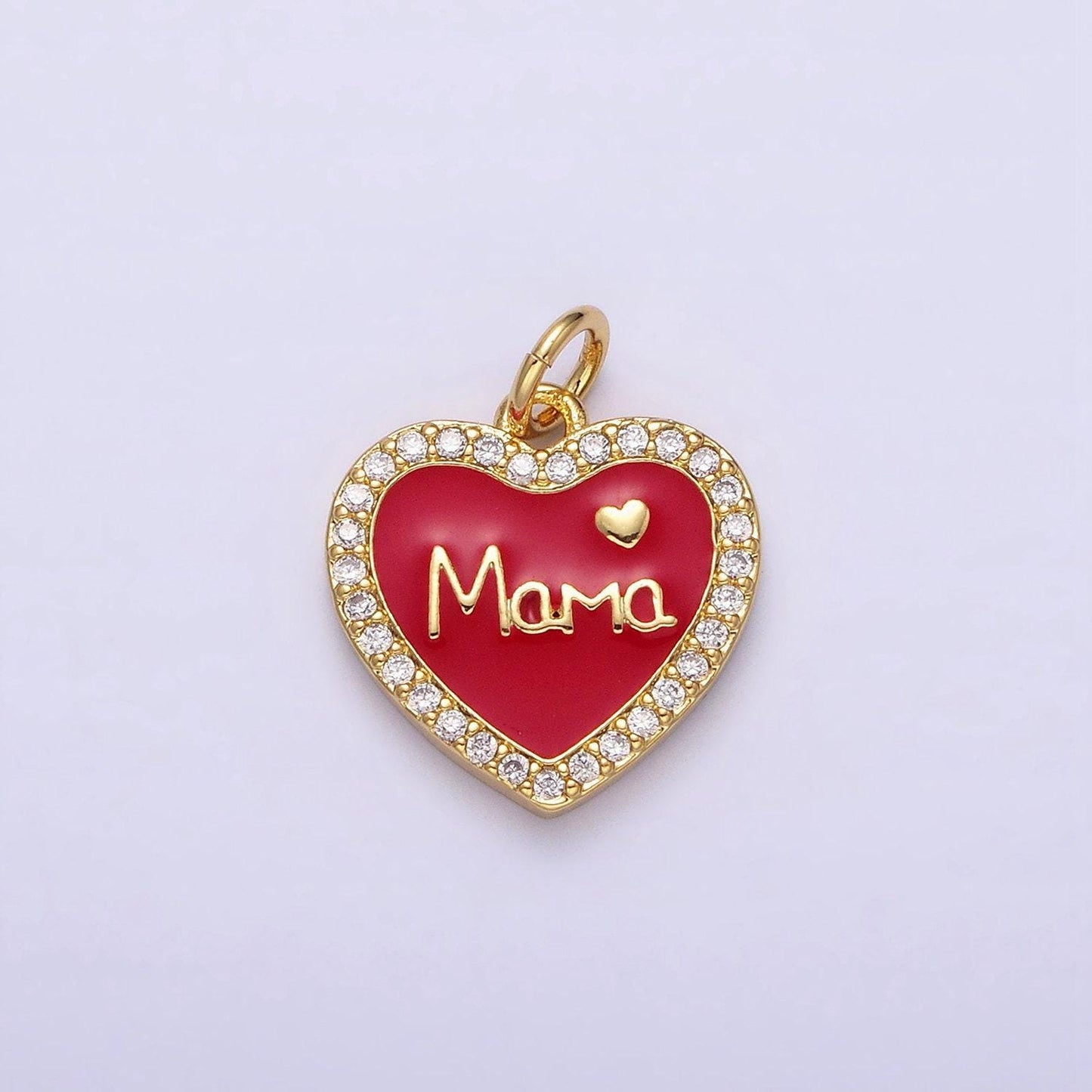 14k gold filled red, white enamel "mama" script micro paved cz heart charm | ac1373 ac1374