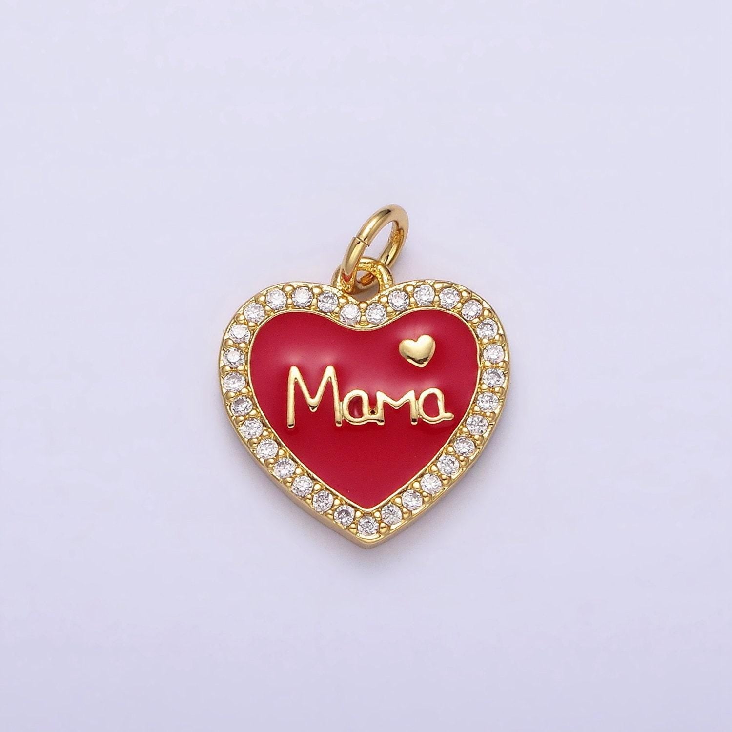 14k gold filled red, white enamel "mama" script micro paved cz heart charm | ac1373 ac1374