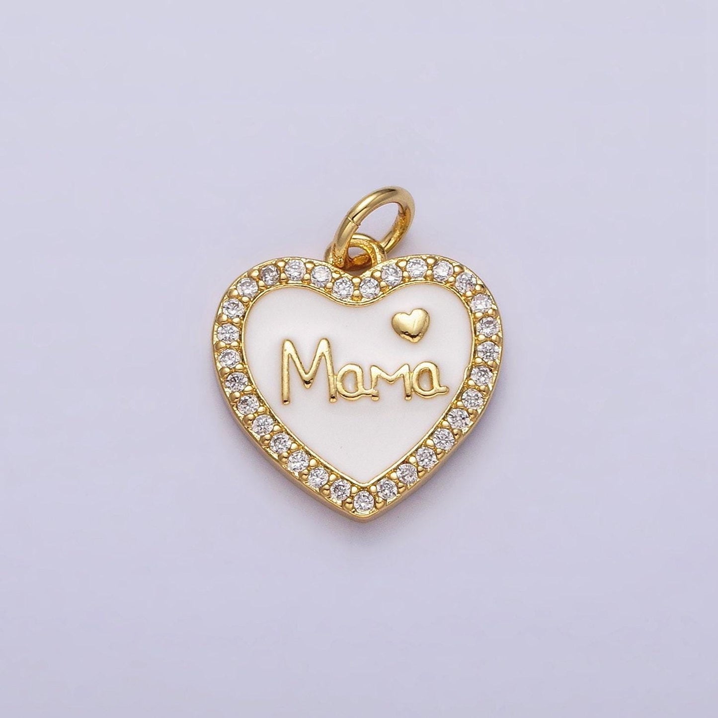 14k gold filled red, white enamel "mama" script micro paved cz heart charm | ac1373 ac1374
