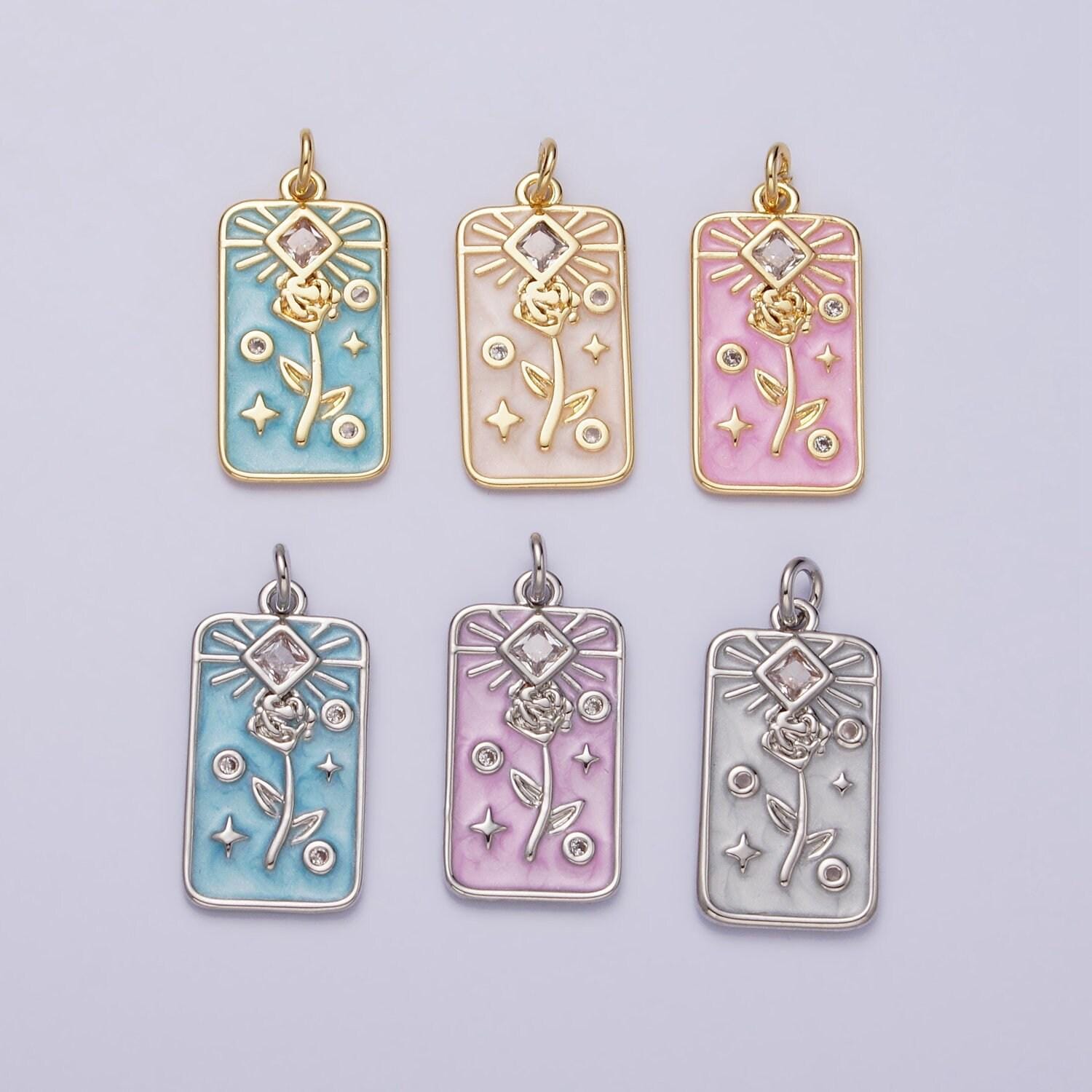 16k gold filled rose flower clear rhombus white, pink, blue sparkly enamel tag charm | ac1362 - ac1367