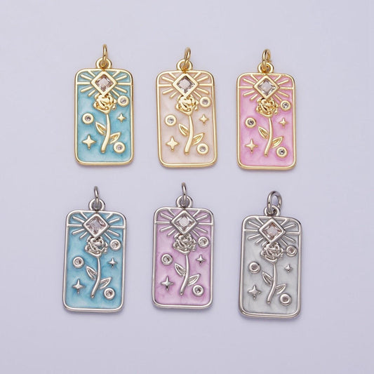 16k gold filled rose flower clear rhombus white, pink, blue sparkly enamel tag charm | ac1362 - ac1367