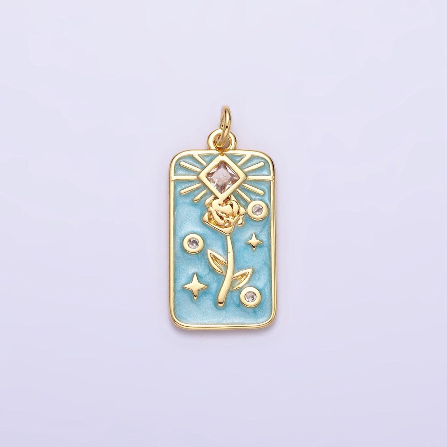 16k gold filled rose flower clear rhombus white, pink, blue sparkly enamel tag charm | ac1362 - ac1367