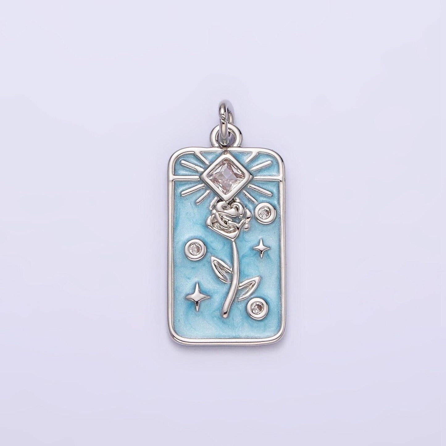 16k gold filled rose flower clear rhombus white, pink, blue sparkly enamel tag charm | ac1362 - ac1367