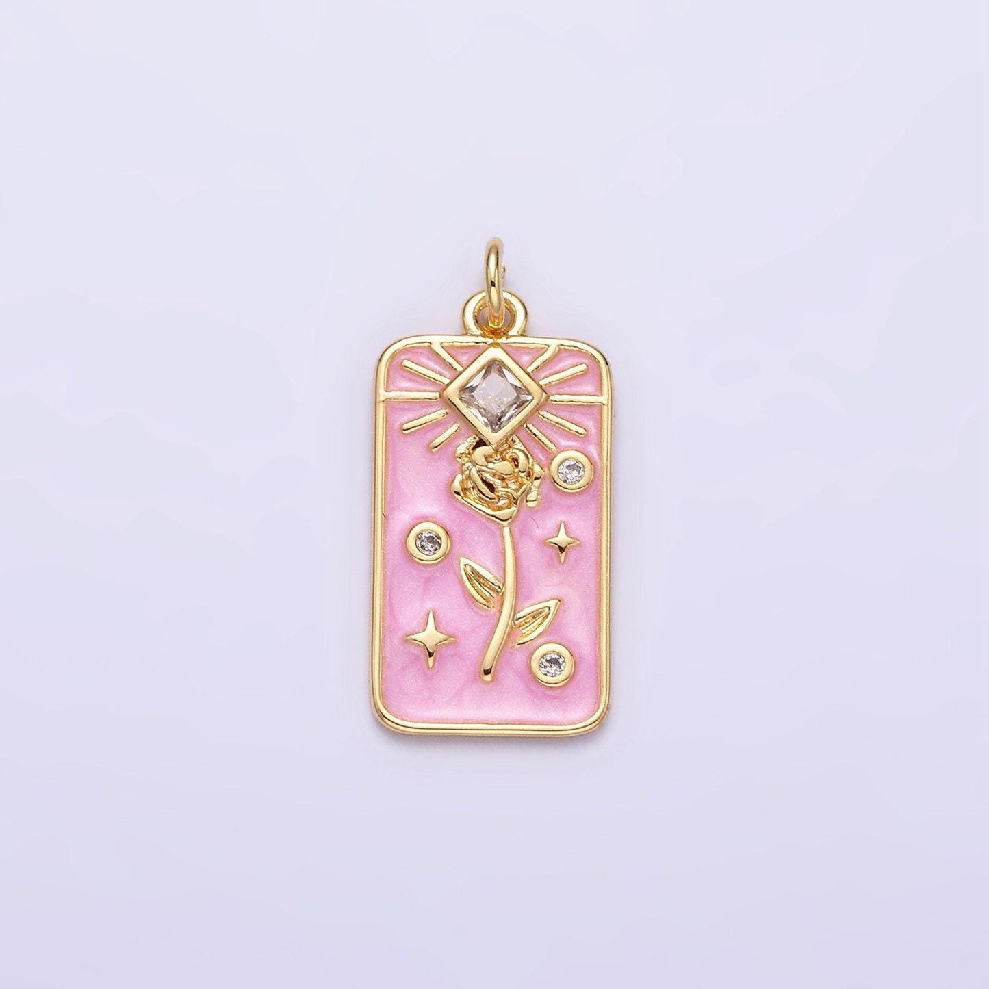 16k gold filled rose flower clear rhombus white, pink, blue sparkly enamel tag charm | ac1362 - ac1367