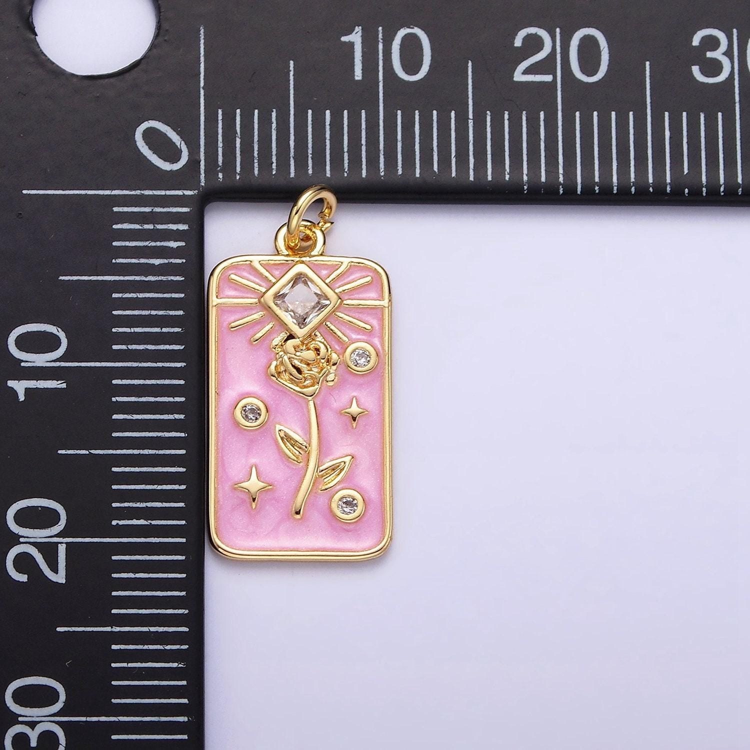 16k gold filled rose flower clear rhombus white, pink, blue sparkly enamel tag charm | ac1362 - ac1367