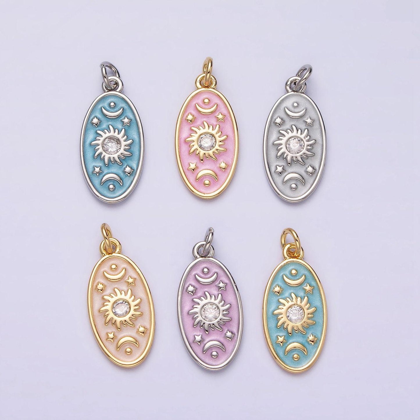 16k gold filled celestial sun star crescent moon white, blue, pink sparkly enamel oval charm in gold & silver | ac1336 - ac1341