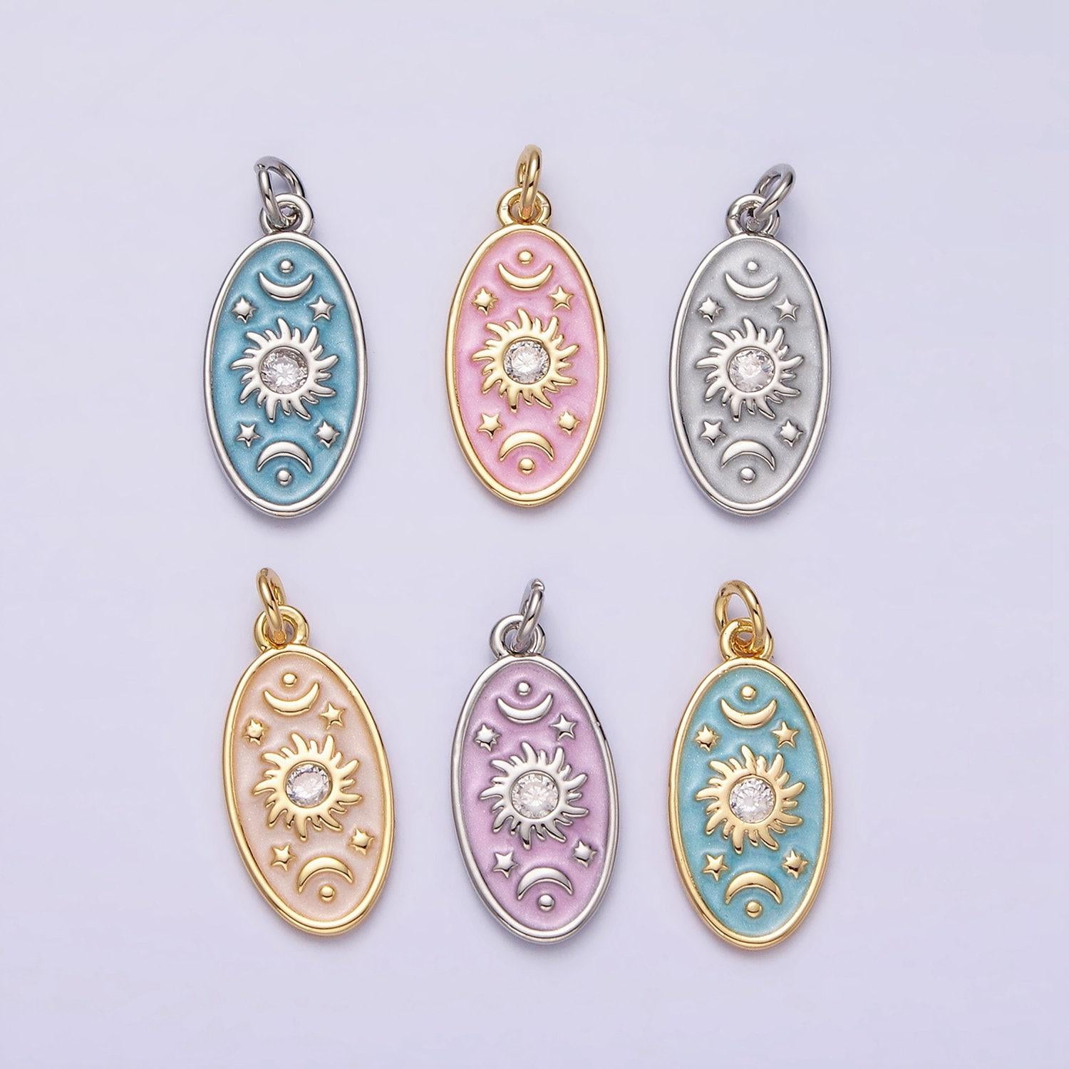 16k gold filled celestial sun star crescent moon white, blue, pink sparkly enamel oval charm in gold & silver | ac1336 - ac1341