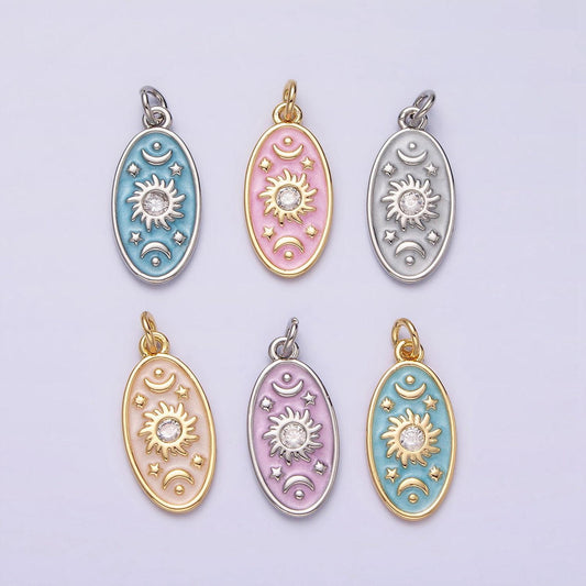 16k gold filled celestial sun star crescent moon white, blue, pink sparkly enamel oval charm in gold & silver | ac1336 - ac1341