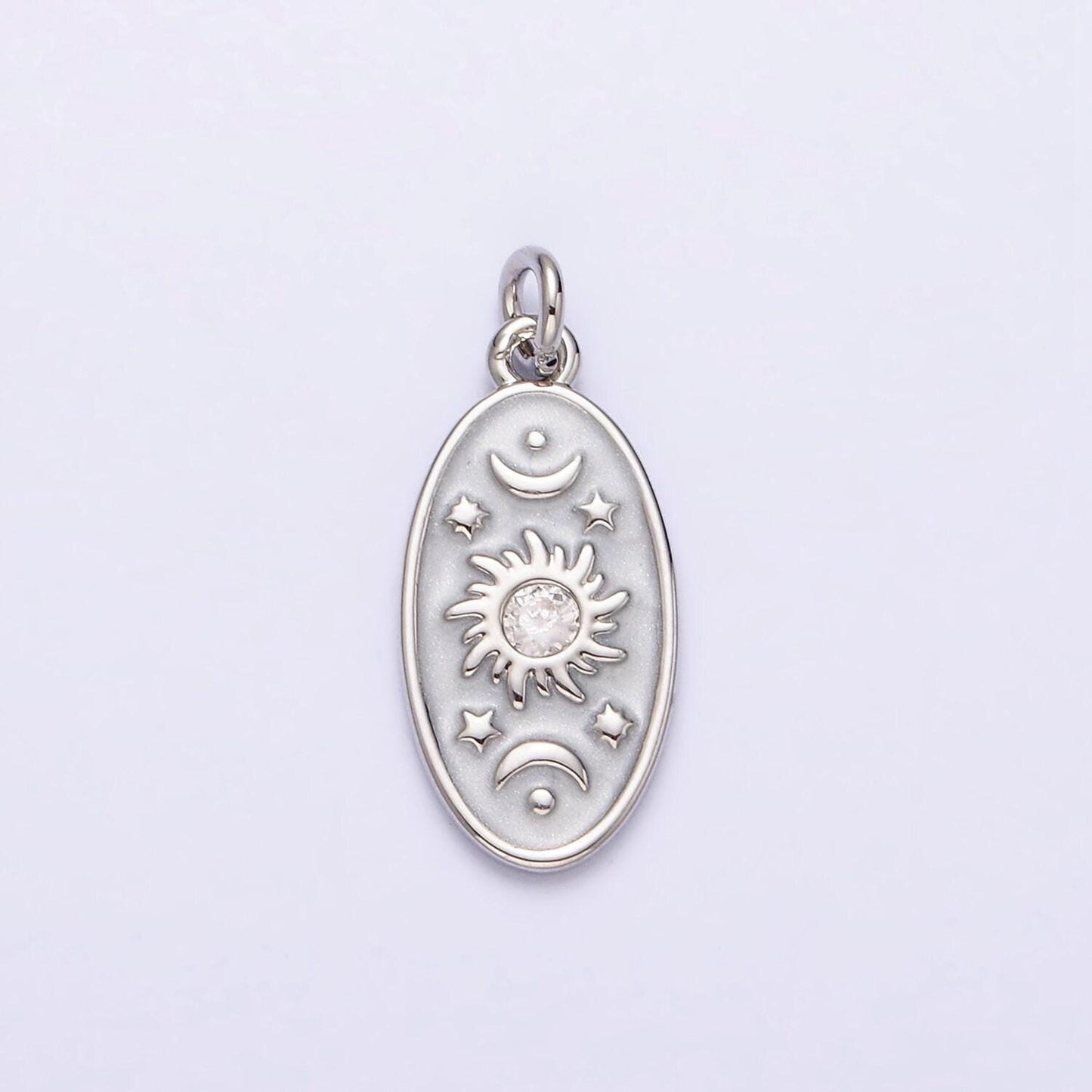 16k gold filled celestial sun star crescent moon white, blue, pink sparkly enamel oval charm in gold & silver | ac1336 - ac1341