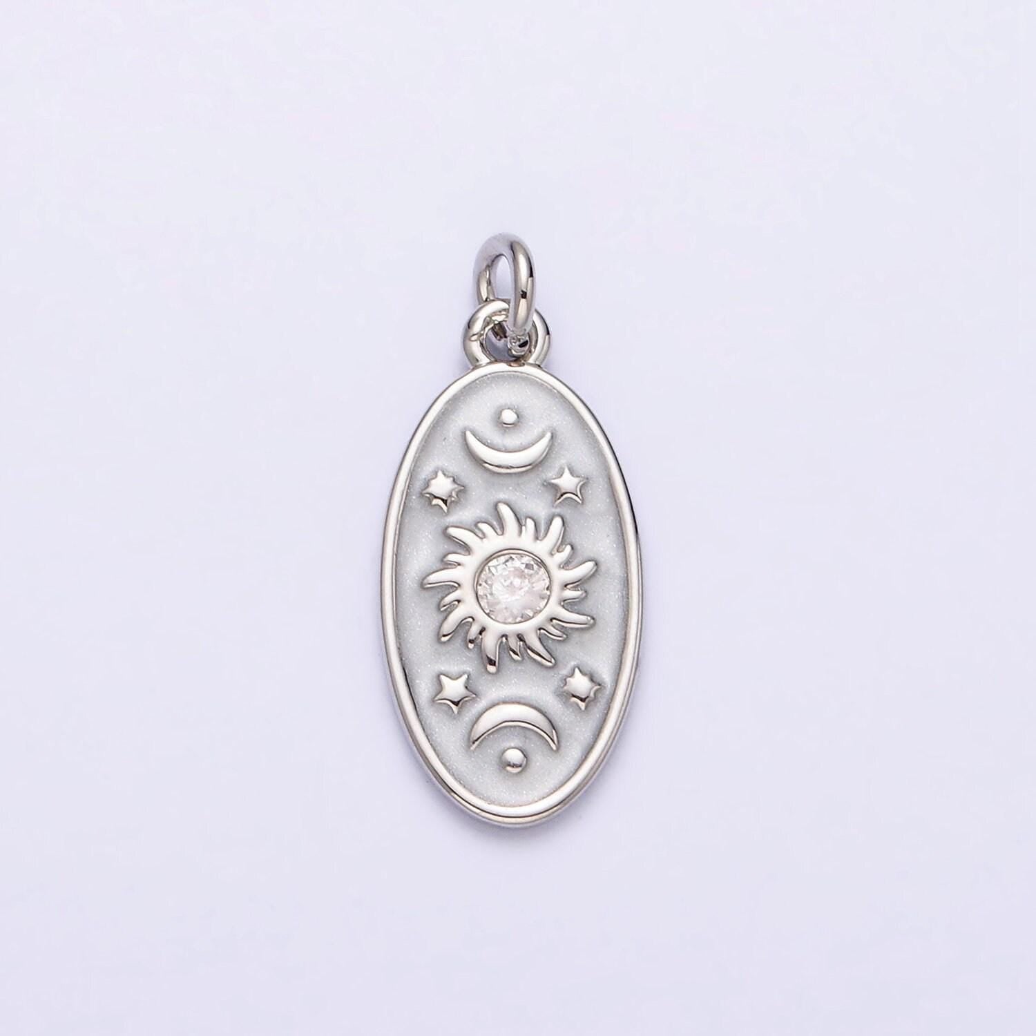 16k gold filled celestial sun star crescent moon white, blue, pink sparkly enamel oval charm in gold & silver | ac1336 - ac1341