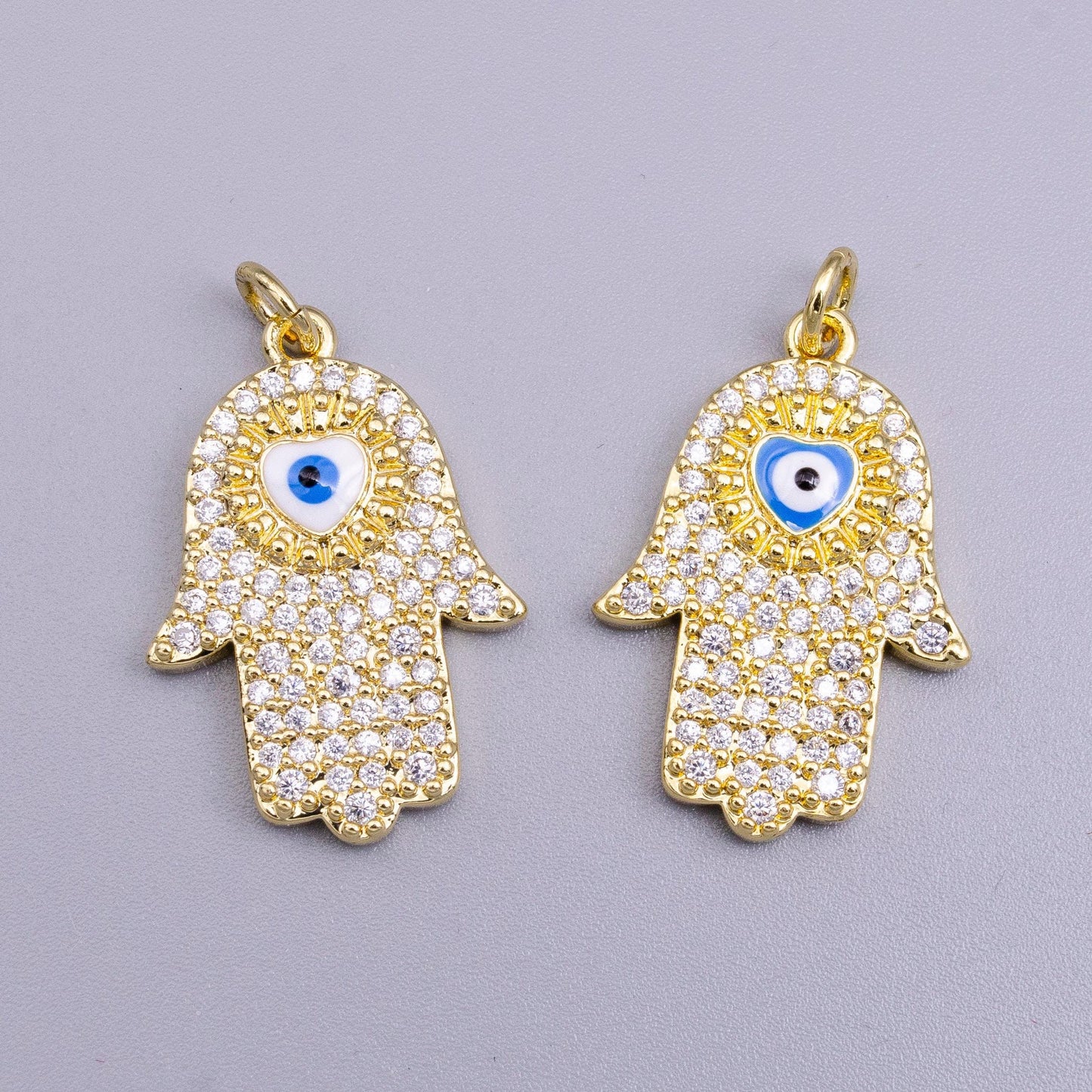 24k gold filled blue, white evil eye enamel micro paved cz hamsa hand charm | ac1334 ac1335
