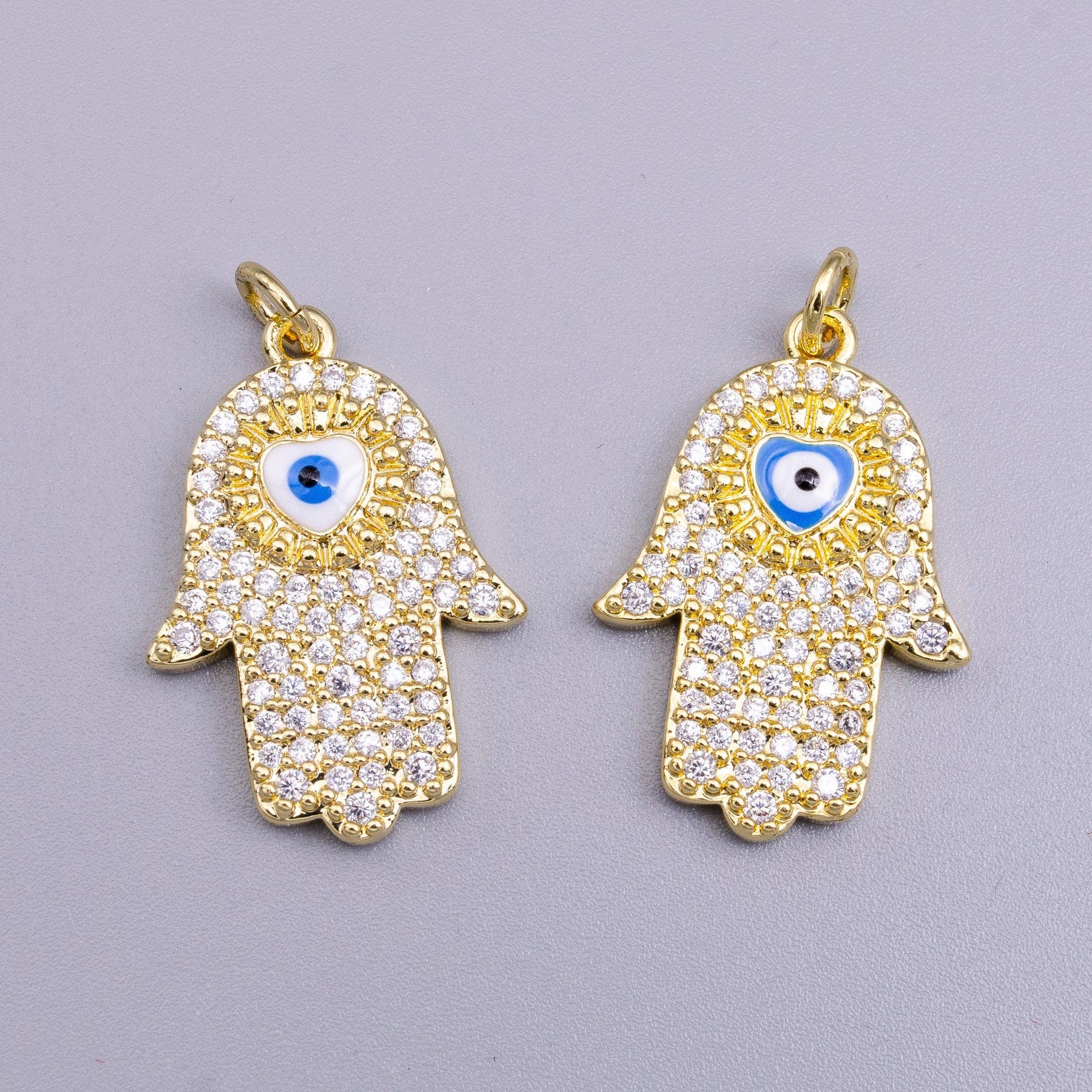 24k gold filled blue, white evil eye enamel micro paved cz hamsa hand charm | ac1334 ac1335