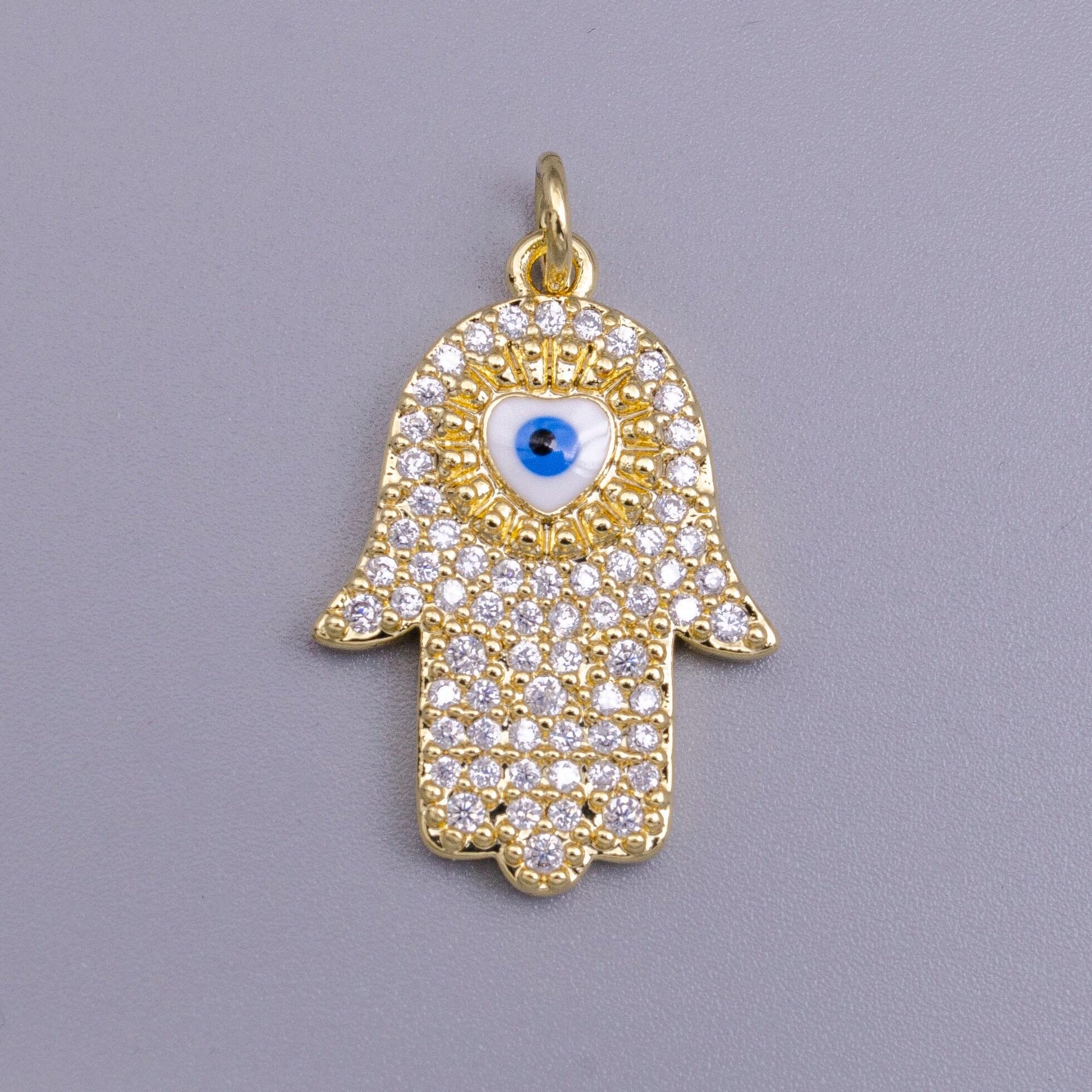 24k gold filled blue, white evil eye enamel micro paved cz hamsa hand charm | ac1334 ac1335