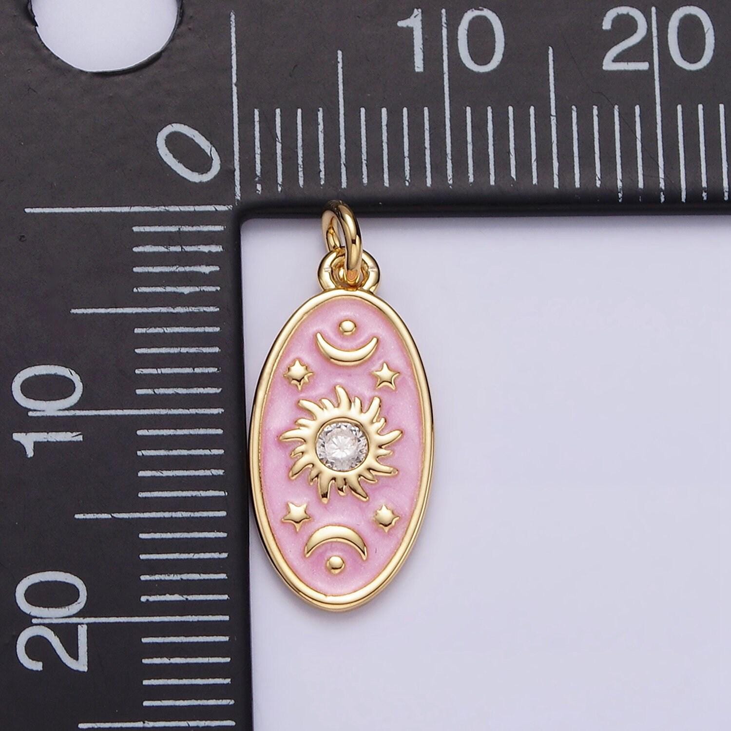 16k gold filled celestial sun star crescent moon white, blue, pink sparkly enamel oval charm in gold & silver | ac1336 - ac1341