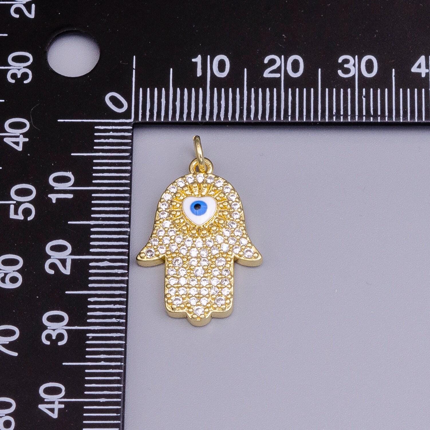 24k gold filled blue, white evil eye enamel micro paved cz hamsa hand charm | ac1334 ac1335