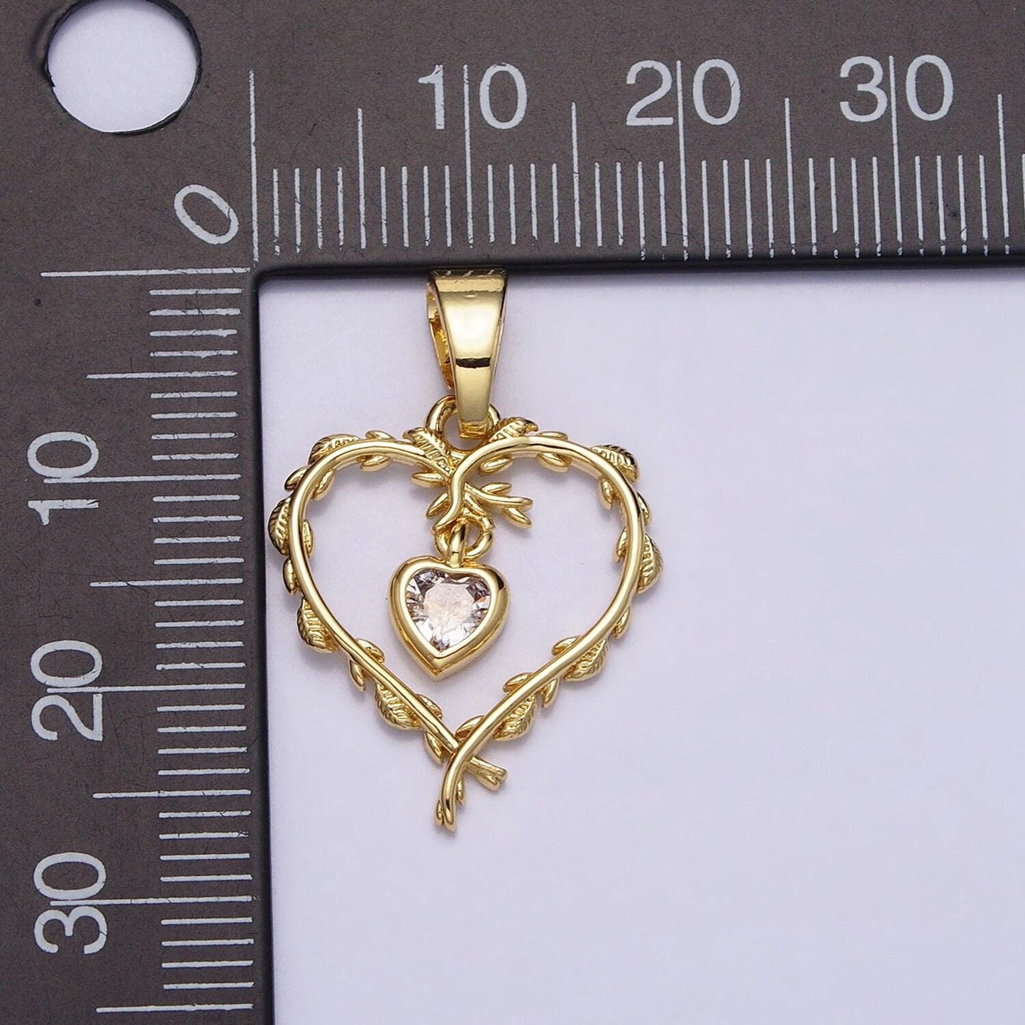 Dainty 16k gold filled clear heart cz olive vine leaf open pendant for necklace bracelet component | ac1326