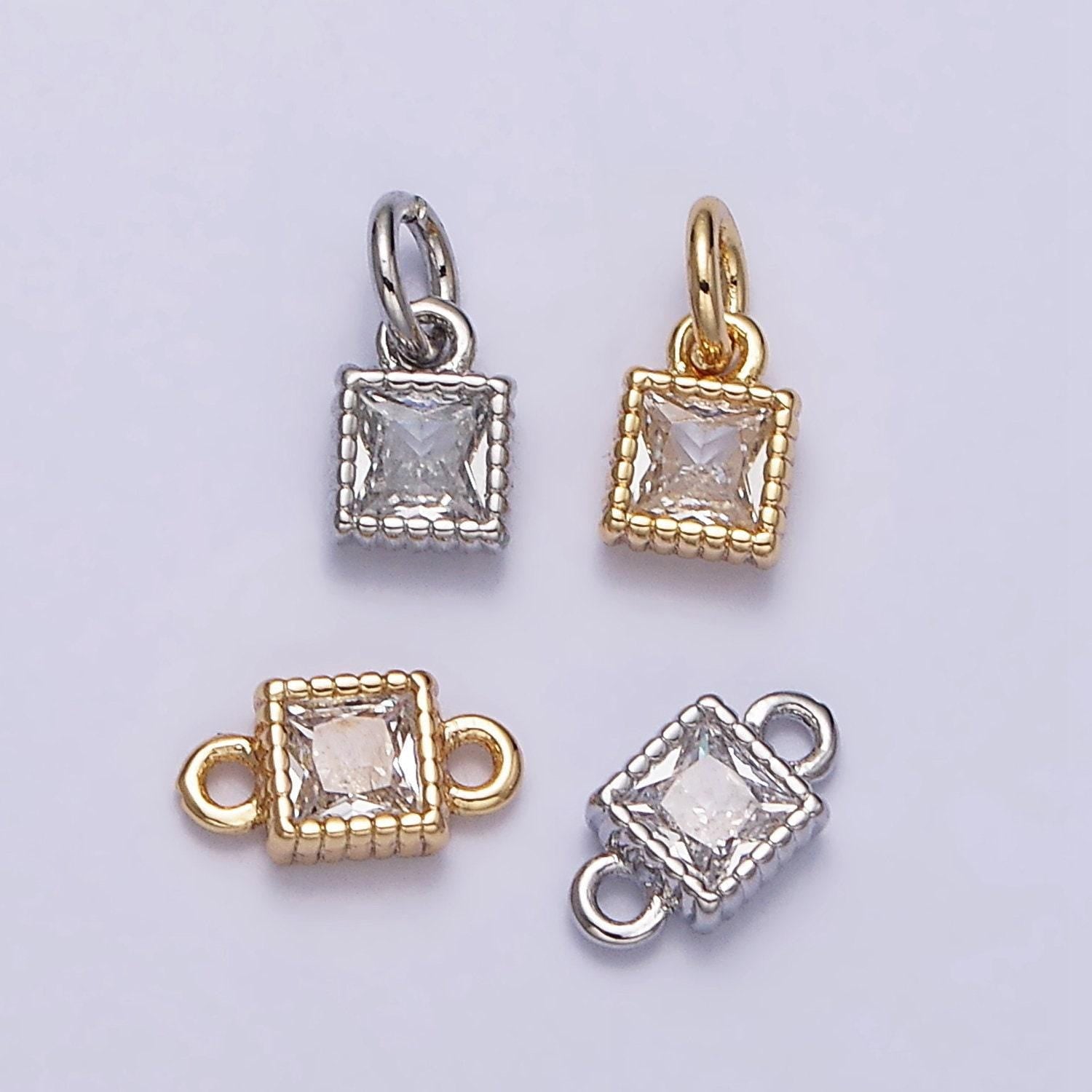 Mini square charm 16k gold filled 4mm clear square cz dotted bezel link connector connector in gold & silver |