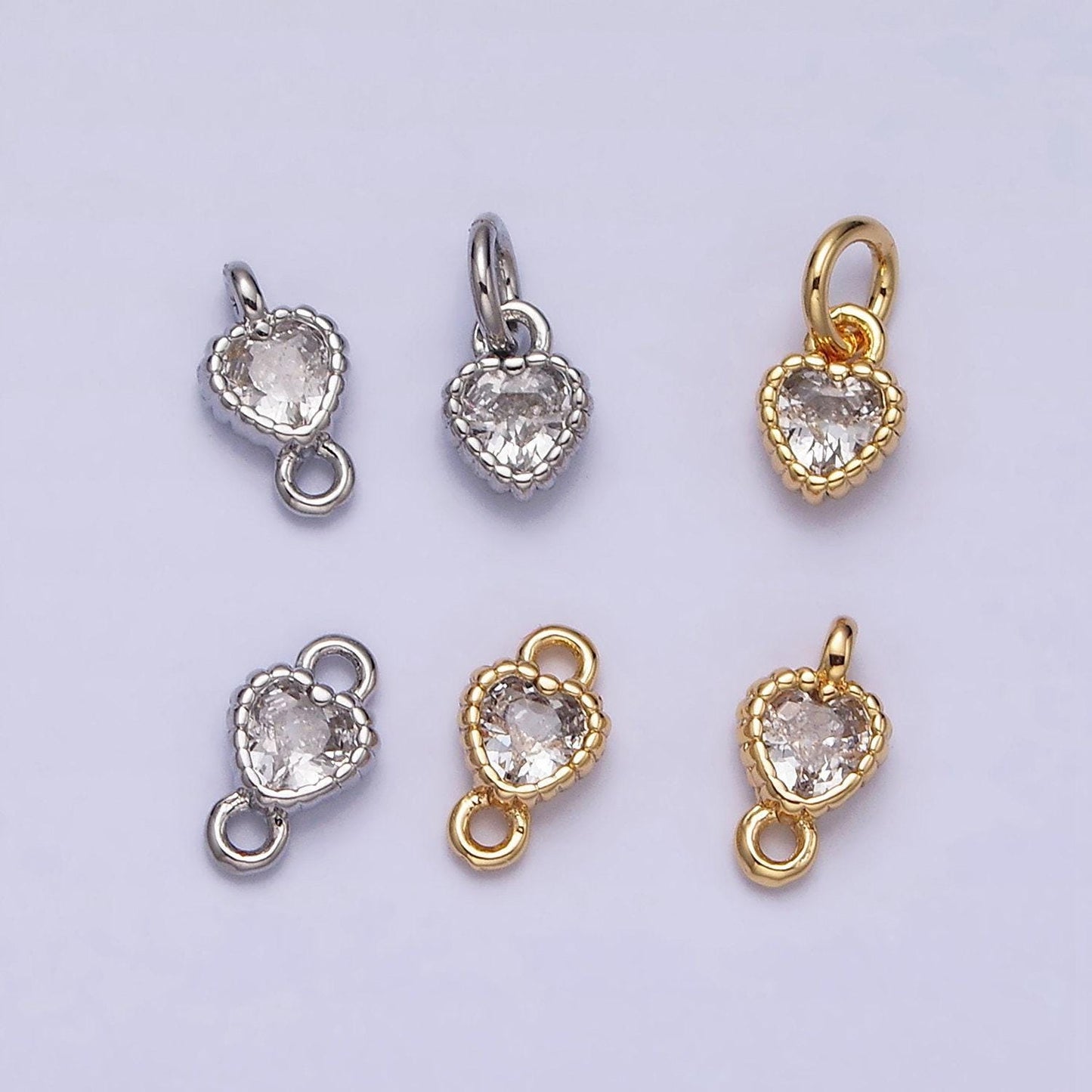 Mini love charm 16k gold filled clear heart cz dotted bezel link connector in gold & silver |