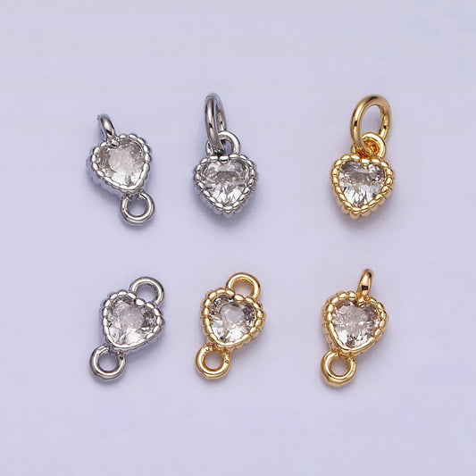 Mini love charm 16k gold filled clear heart cz dotted bezel link connector in gold & silver |