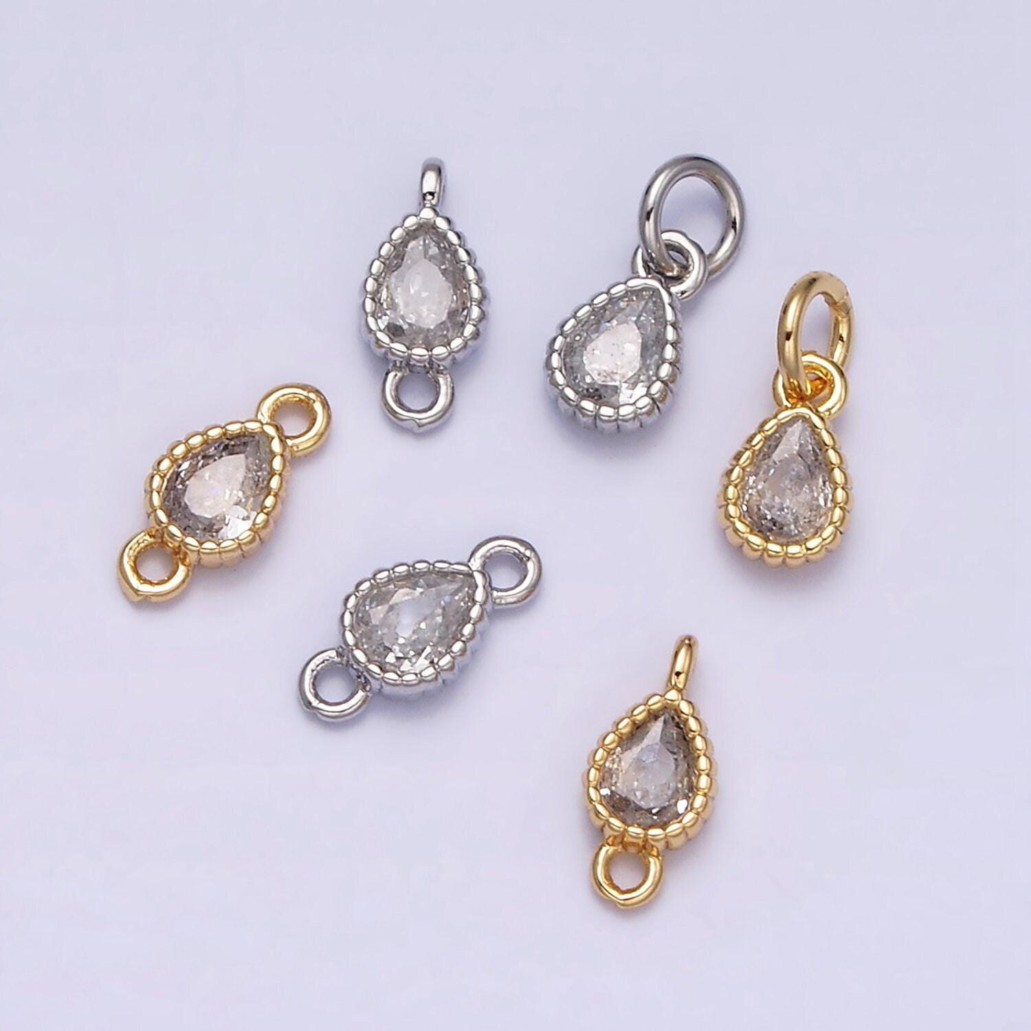 Mini tear drop charm 16k gold filled clear geometric cz dotted bezel link connector in gold & silver | ac1317~ac1318, y911~y912