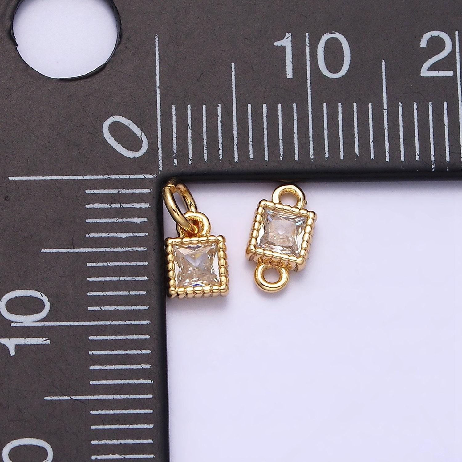 Mini square charm 16k gold filled 4mm clear square cz dotted bezel link connector connector in gold & silver |