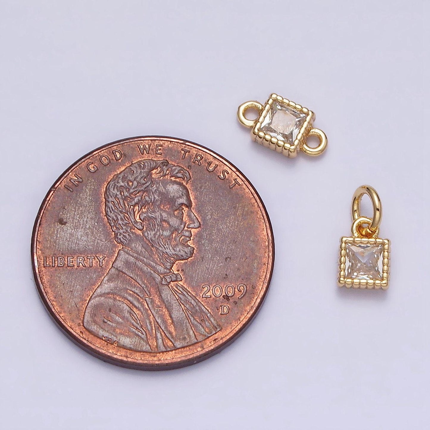 Mini square charm 16k gold filled 4mm clear square cz dotted bezel link connector connector in gold & silver |