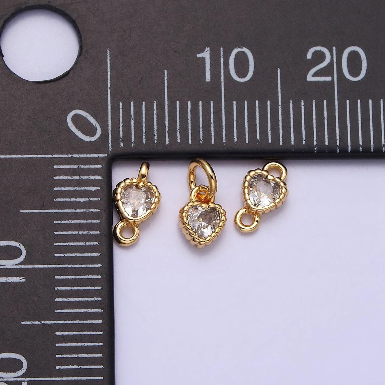 Mini love charm 16k gold filled clear heart cz dotted bezel link connector in gold & silver |