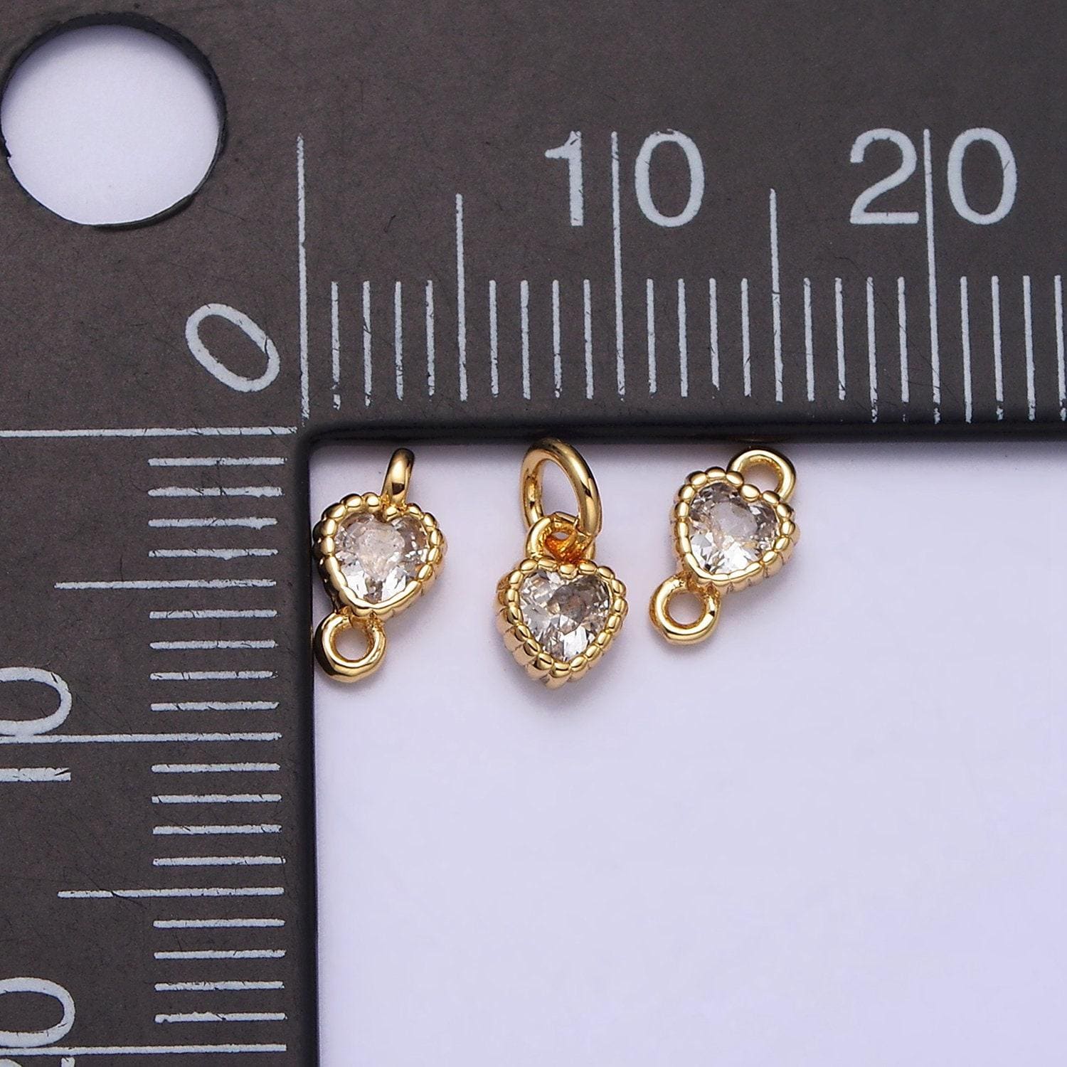 Mini love charm 16k gold filled clear heart cz dotted bezel link connector in gold & silver |