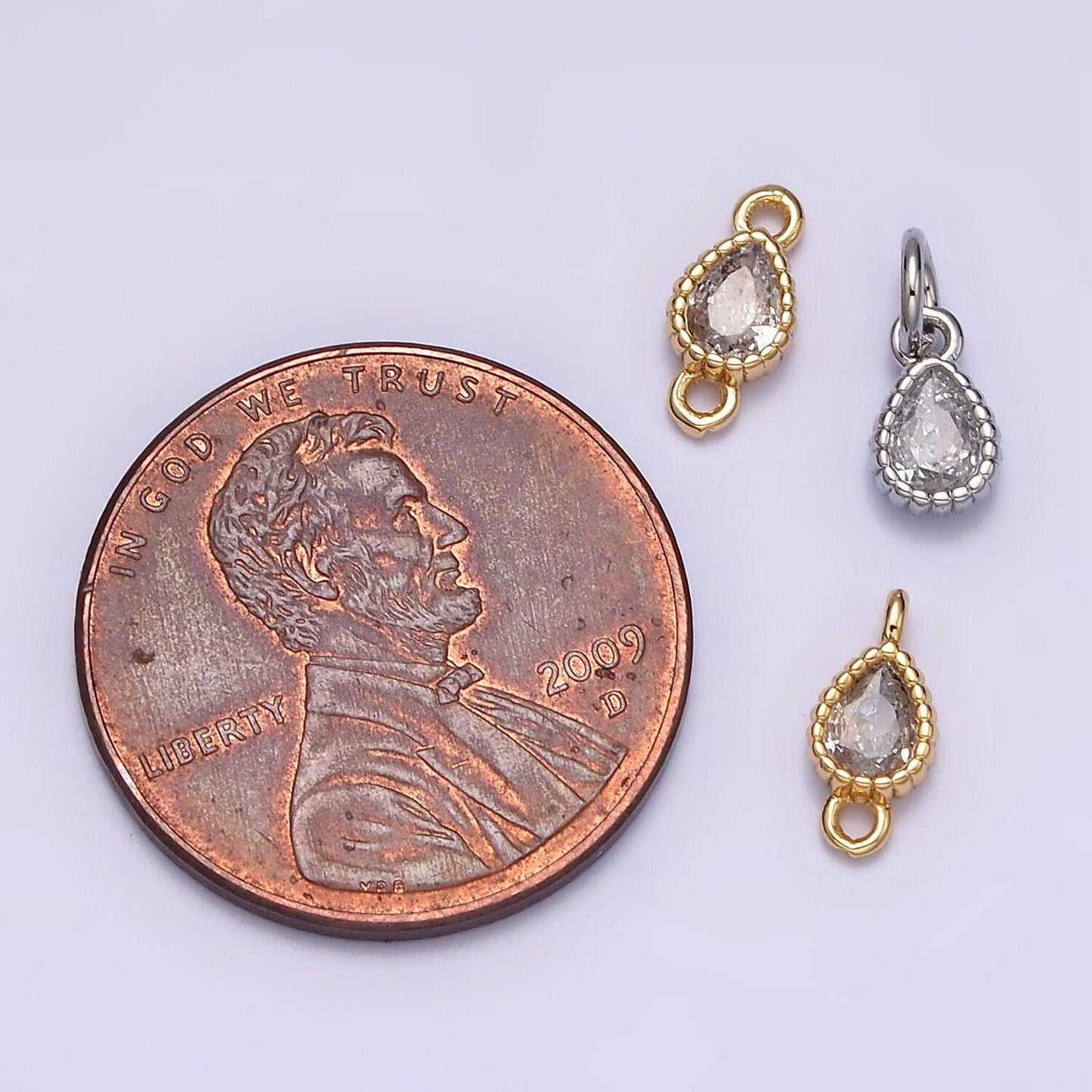 Mini tear drop charm 16k gold filled clear geometric cz dotted bezel link connector in gold & silver | ac1317~ac1318, y911~y912