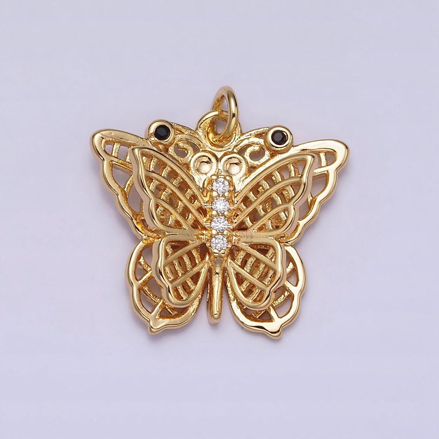 16k gold filled black-eyed cz double filigree butterfly wings micro paved charm in gold & silver | ac1292 ac1293