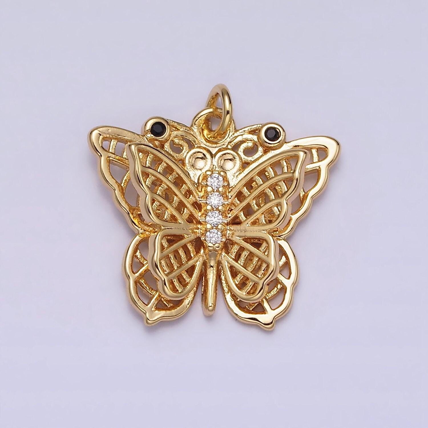 16k gold filled black-eyed cz double filigree butterfly wings micro paved charm in gold & silver | ac1292 ac1293