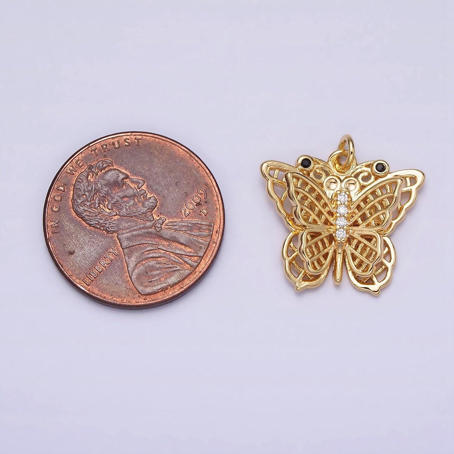 16k gold filled black-eyed cz double filigree butterfly wings micro paved charm in gold & silver | ac1292 ac1293