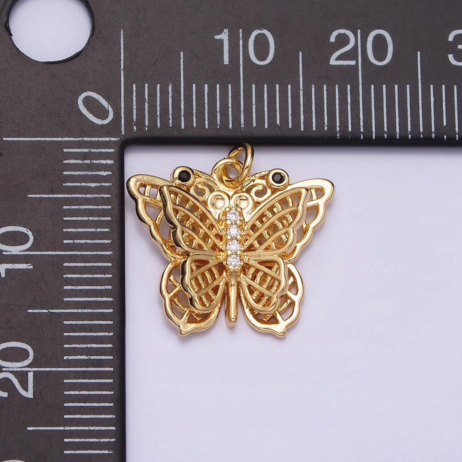 16k gold filled black-eyed cz double filigree butterfly wings micro paved charm in gold & silver | ac1292 ac1293