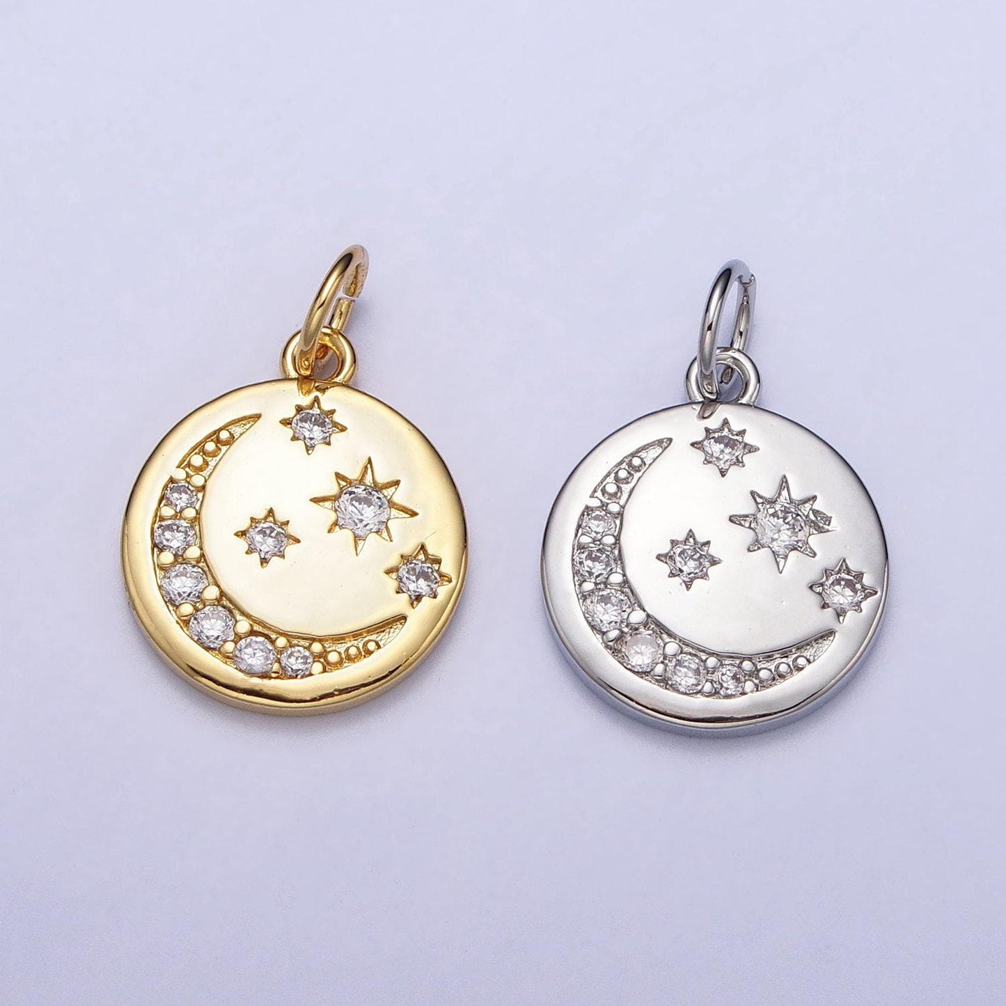 16k gold filled celestial crescent moon micro paved cz round charm in gold & silver | ac1282 ac1283
