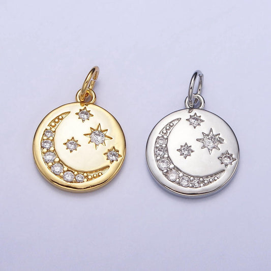 16k gold filled celestial crescent moon micro paved cz round charm in gold & silver | ac1282 ac1283