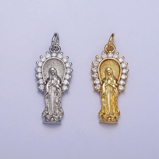 16k gold filled mother mary lady guadalupe cz outline charm in gold & silver | ac1280 ac1281