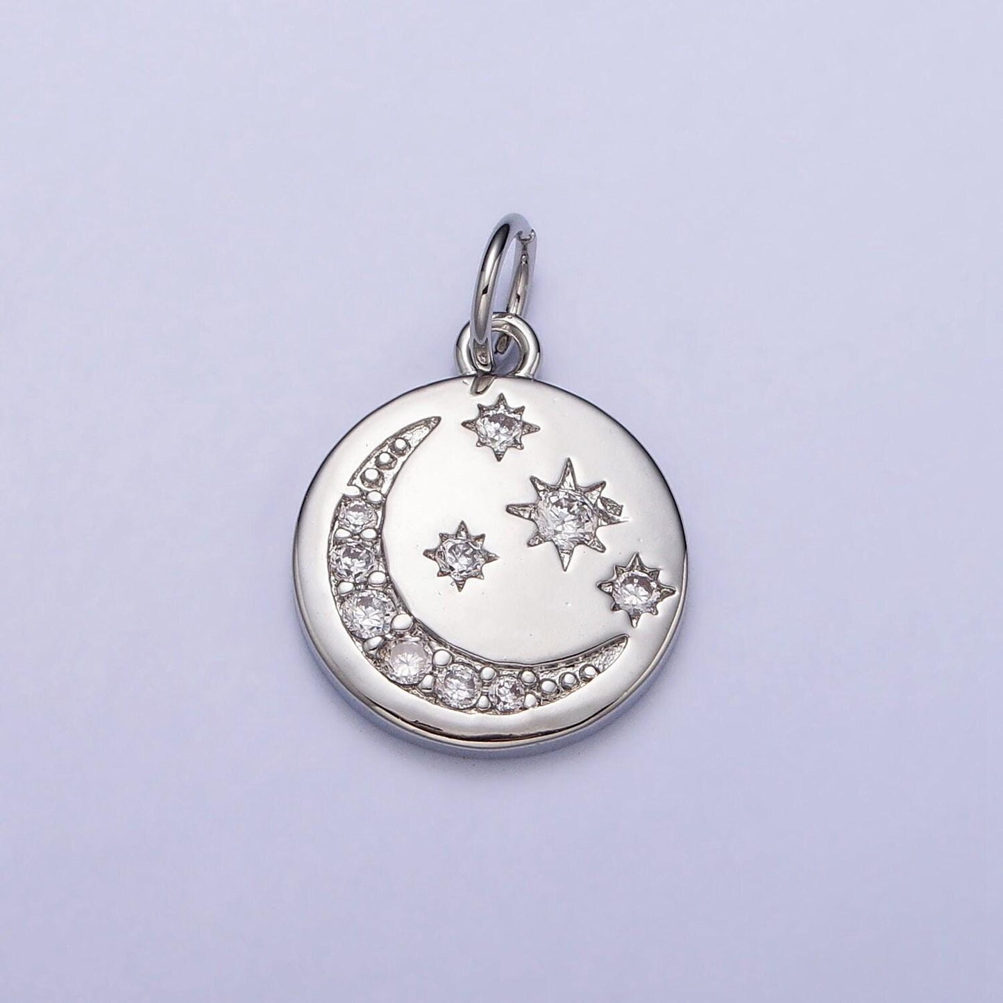 16k gold filled celestial crescent moon micro paved cz round charm in gold & silver | ac1282 ac1283