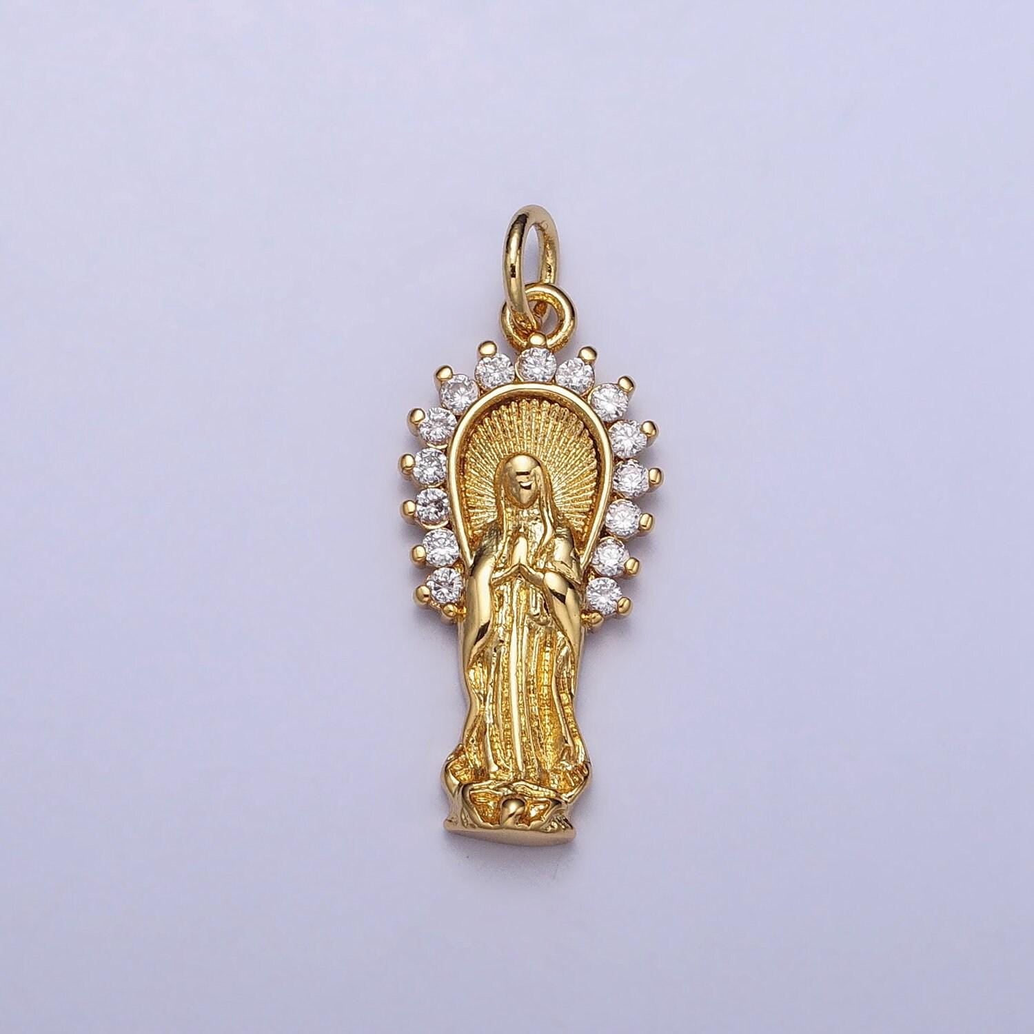 16k gold filled mother mary lady guadalupe cz outline charm in gold & silver | ac1280 ac1281