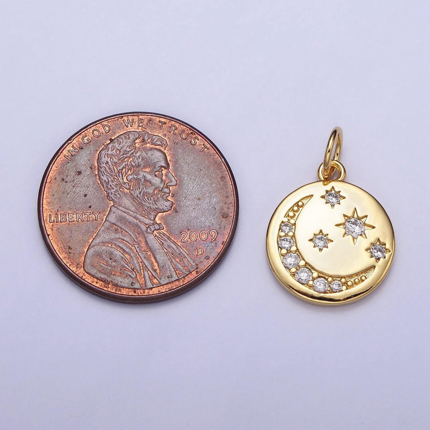 16k gold filled celestial crescent moon micro paved cz round charm in gold & silver | ac1282 ac1283