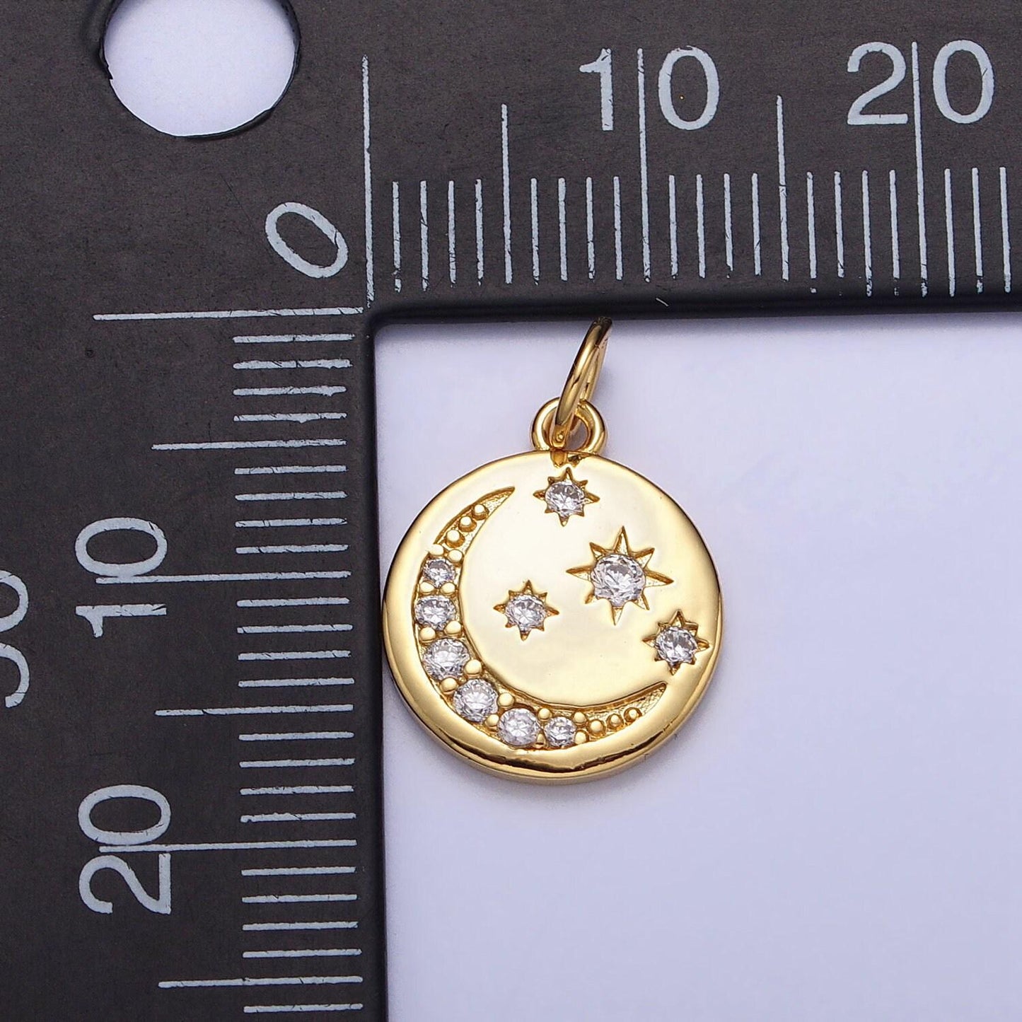 16k gold filled celestial crescent moon micro paved cz round charm in gold & silver | ac1282 ac1283