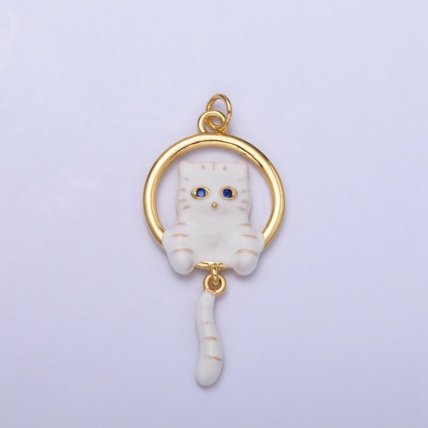 16k gold filled white, grey striped kitty cat tail dangle round open animal pet charm in gold & silver | ac1276 - ac1279