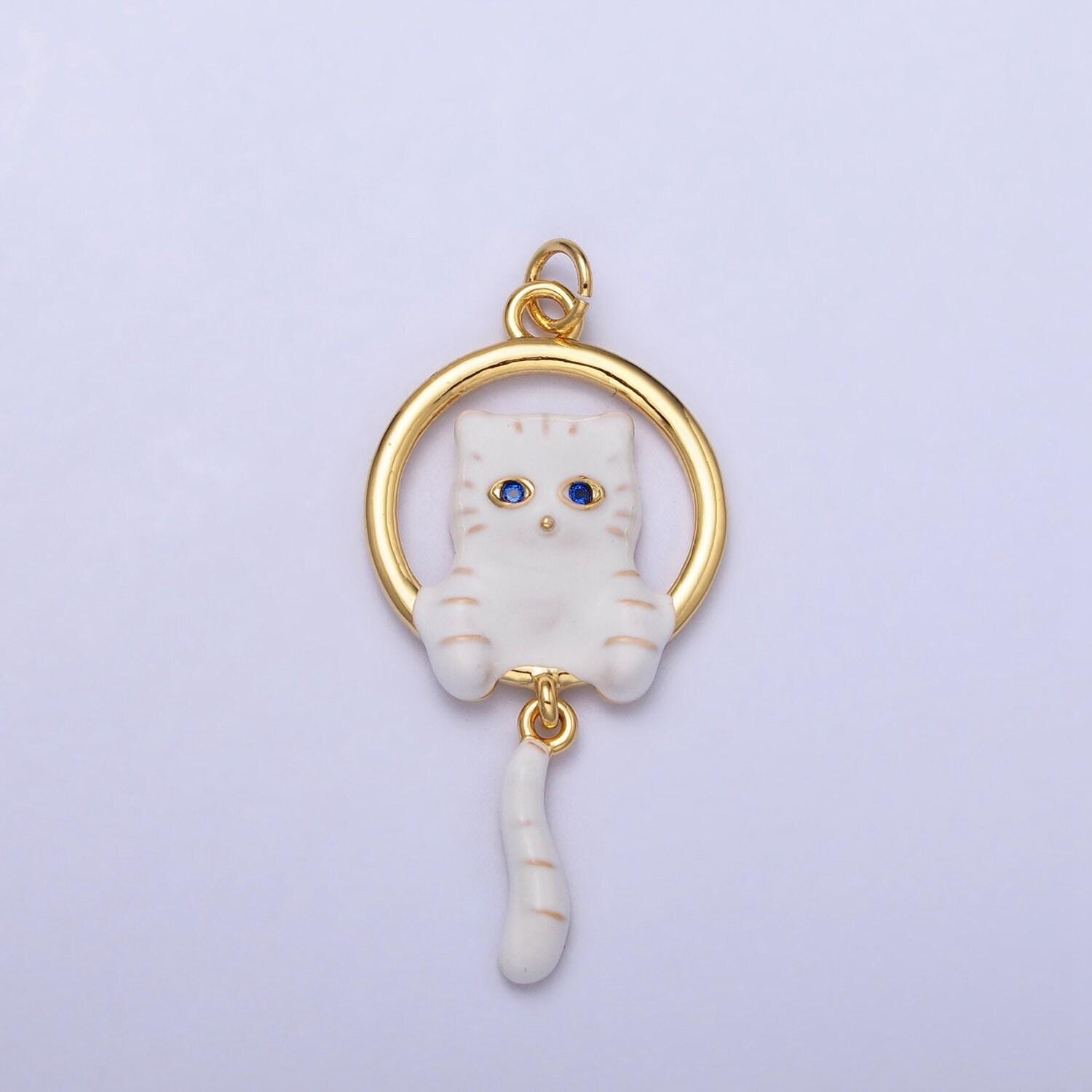 16k gold filled white, grey striped kitty cat tail dangle round open animal pet charm in gold & silver | ac1276 - ac1279