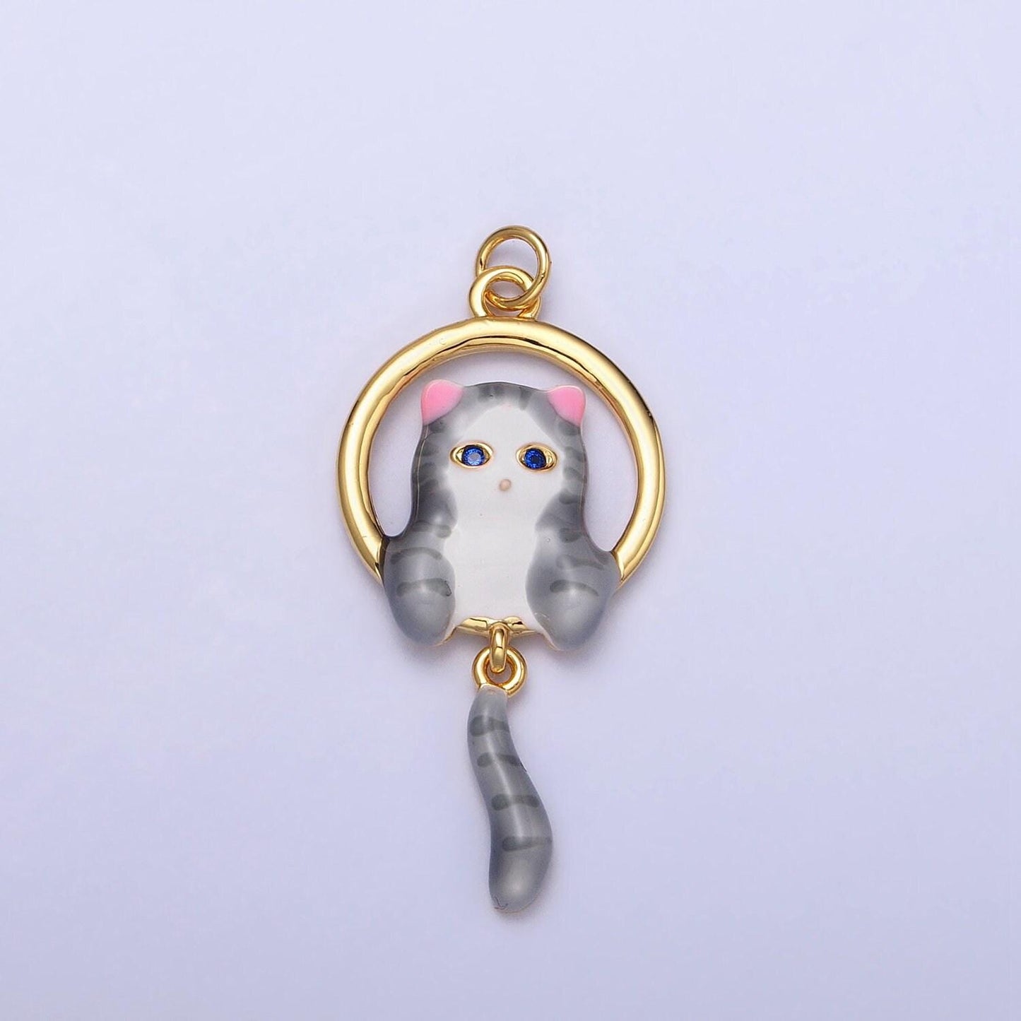 16k gold filled white, grey striped kitty cat tail dangle round open animal pet charm in gold & silver | ac1276 - ac1279