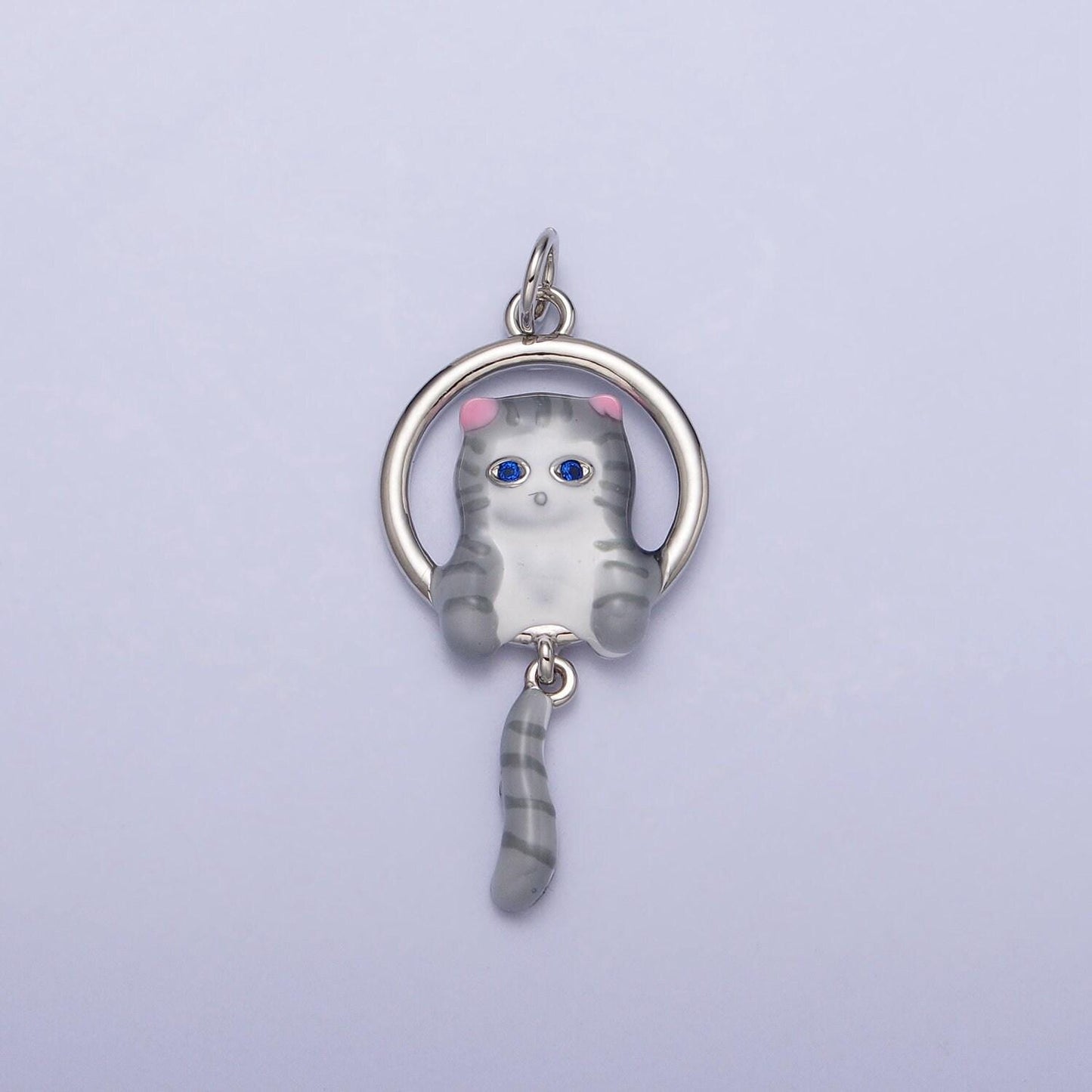 16k gold filled white, grey striped kitty cat tail dangle round open animal pet charm in gold & silver | ac1276 - ac1279