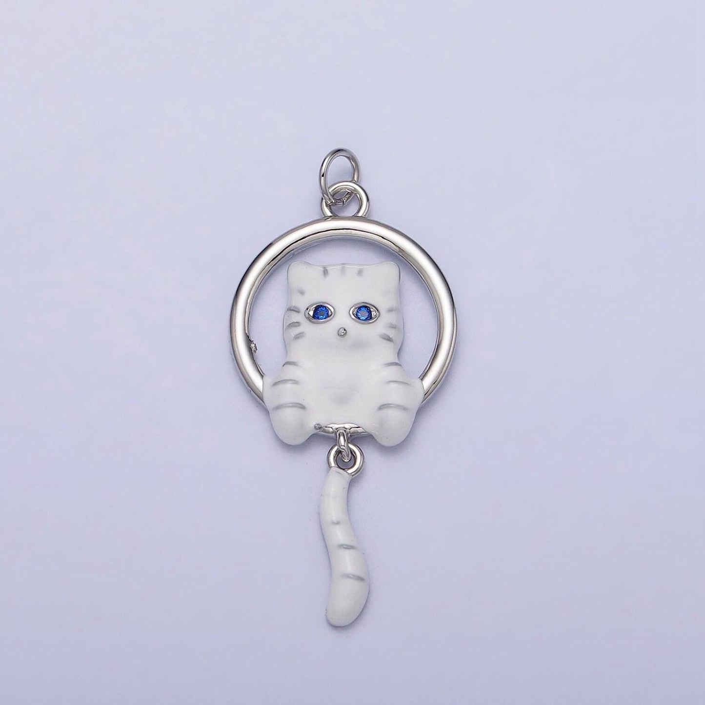 16k gold filled white, grey striped kitty cat tail dangle round open animal pet charm in gold & silver | ac1276 - ac1279
