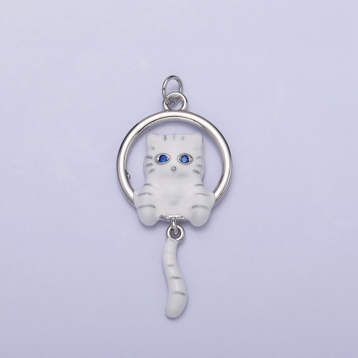 16k gold filled white, grey striped kitty cat tail dangle round open animal pet charm in gold & silver | ac1276 - ac1279