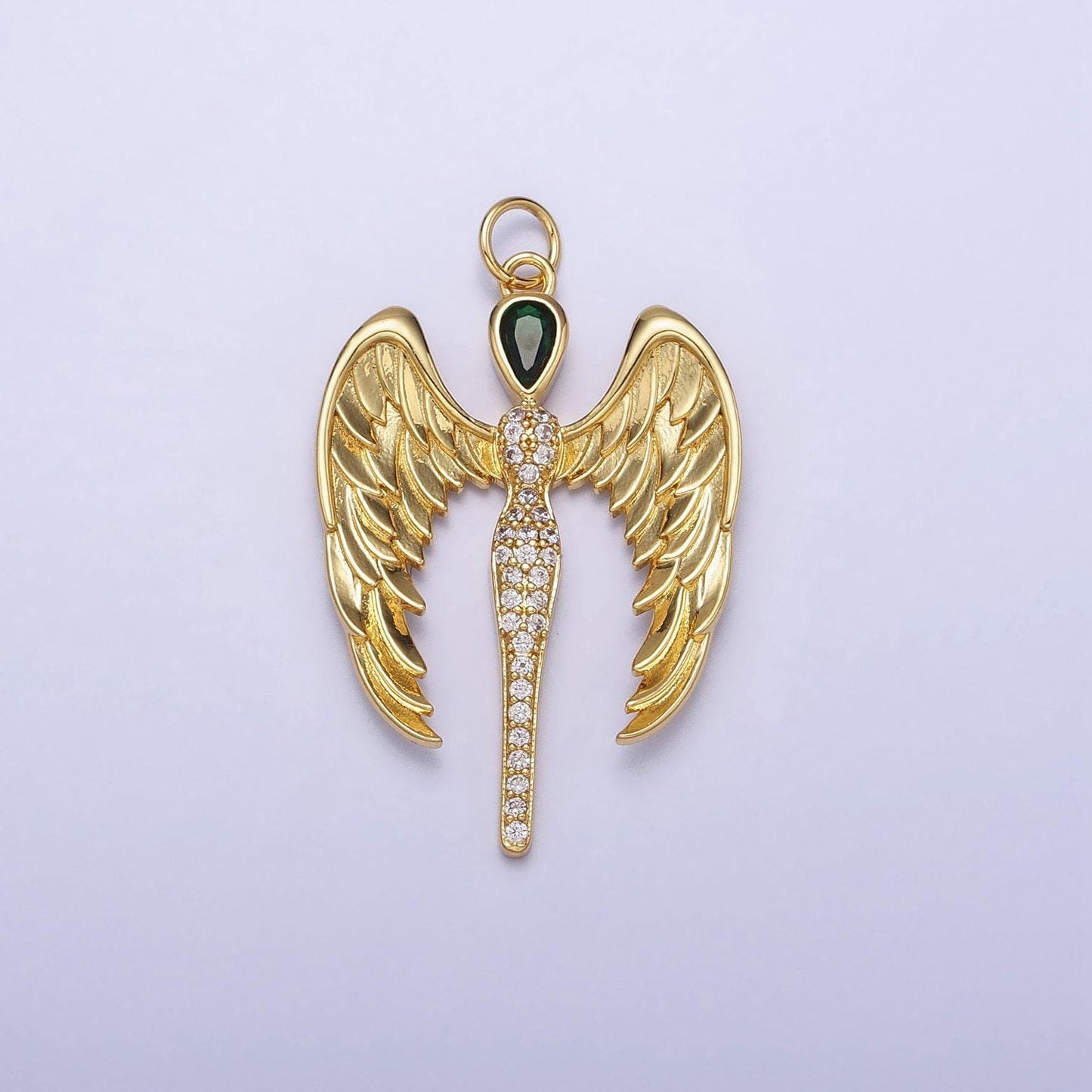 Dainty wing charm cubic angel pendant, green cz charm, dainty jewelry, 14k gold filled charm for earring bracelet necklace ac1268