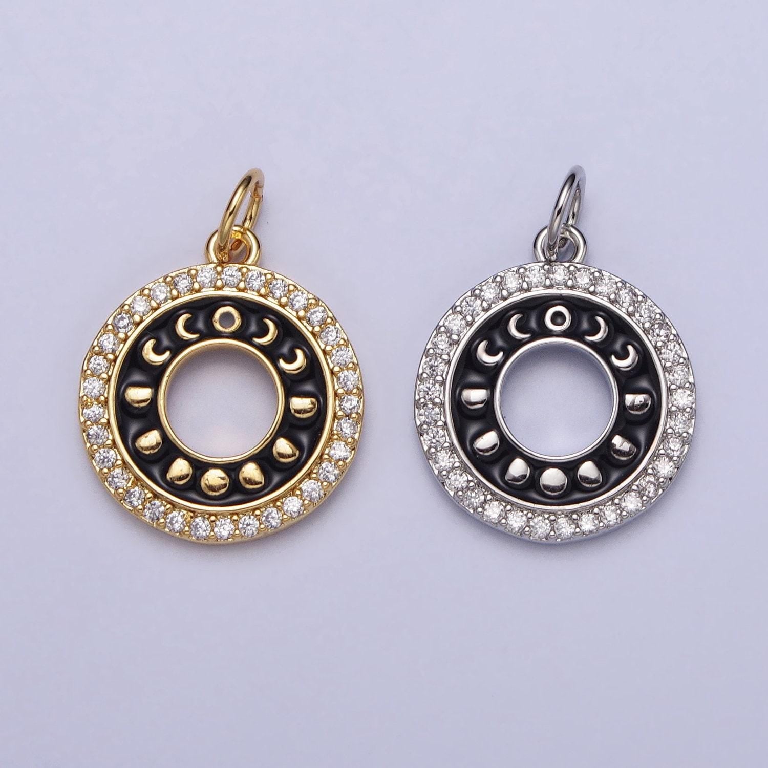 16k gold filled moon phase coin charm, moon phase crescent pendant round disc charm cubic celestial jewelry making supplies ac1264